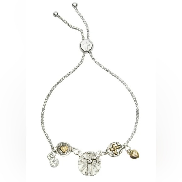 New Platinum and Yellow Gold Plated 18k FAITH Bolo Charm Slide Bracelet - Picture 1 of 4